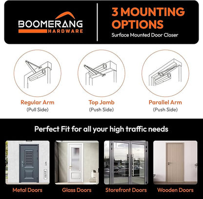 Boomerang Medium Duty Automatic Commercial Door Closer - D703 Hydraulic UL 3 hr. Fire Rated Closer, Surface-Mounted Size 3 for Home & Light Commercial Doors, Aluminum/Silver (US26D)