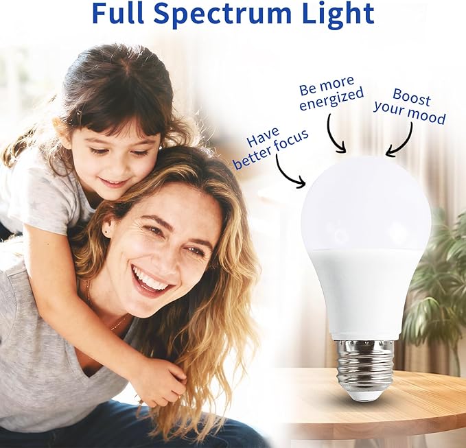 LQ BSDERA 3PK Full Spectrum Light Bulbs, 9W, 6000K Natural Light That Mimic Sunlight, Boosts Mood, Energy, Focus, A19, Sunlike Happy Light Bulbs with E26/27 Base for Most Lamps