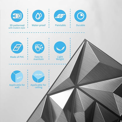 Art3d 33-Pack 3D Wall Panels - Diamond Textured Feature Paneling for Gaming, Living Room, TV Wall - 12 x 12 inch Silver