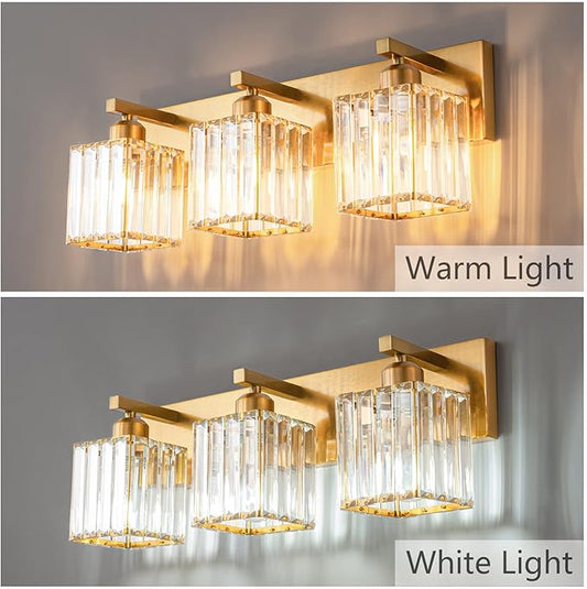 FDPBY Modern Bathroom Vanity Light 3-Lights Gold Crystal Bathroom Wall Light Vanity Light Fixtures，20.47-inch Modern Minimalist Design