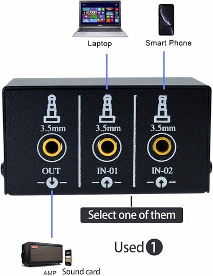 1/8" 1 in 2 Out or 2 in 1 Out Audio selector 3.5 mm TRS Stereo Channel 2 Splitter switcher Box Switching No External Power No Noise