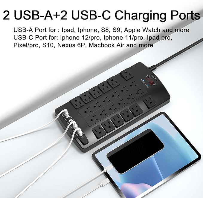 QINLIANF Surge Protector Power Strip - 6Ft Flat Plug Heavy Duty Extension Cord with 24 Outlets and 4 USB Ports(2 USB-C Ports), 1875W/15A, 4100J, for Home, Office, Dorm, ETL Listed, Black