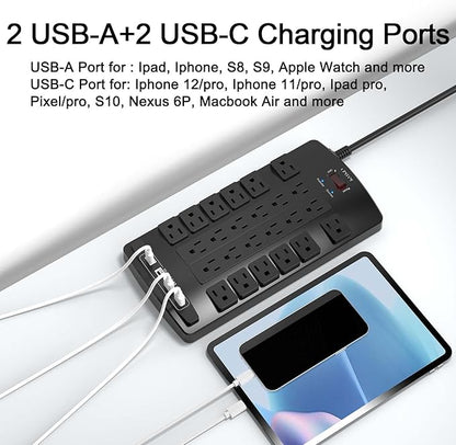 QINLIANF Surge Protector Power Strip - 6Ft Flat Plug Heavy Duty Extension Cord with 24 Outlets and 4 USB Ports(2 USB-C Ports), 1875W/15A, 4100J, for Home, Office, Dorm, ETL Listed, Black