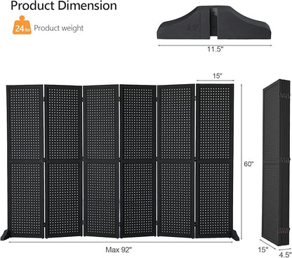 Bonnlo 4/6 Panel Pegboard Freestanding, 5 FT Portable Display Board Organizer for Craft Show Jewelry, Wooden Folding Privacy Screen Room Divider (Black, 6 Panel with Base)