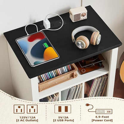 Joaxswe Record Player Stand with Charging Station Up to 200 Albums, 24" Wide Mid-Century Record Player Table with Vinyl Record Storage,Large Wood Turntable Stand Dispaly Cabinet for Living Room,White