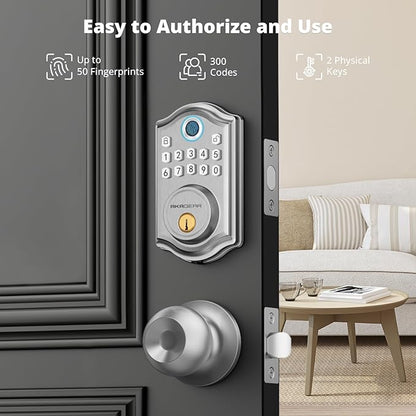 AkaGear DS10 Keyless Entry Door Lock with Door Knob, Fingerprint Door Lock, Electronic Keypad Deadbolt, Smart Door Lock, Smart Locks for Front Door, Auto-Lock - Satin Nickel