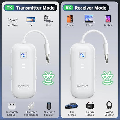 2025 Upgraded Airplane Bluetooth 5.4 Transmitter with aptX Adaptive, ElecMoga Airplane Travel Essentials Supports 2 AirPods or Headphones, 2-in-1 AUX Wireless Transmitter Receiver for TV, Car, White