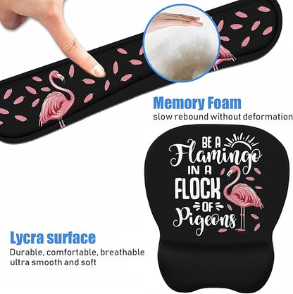 Mouse Pad Wrist Support and Keyboard Wrist Rest Set with Coasters, Inspirational Quote Be a Flamingo in a Flock Pigeons with Non-Slip PU Base Ergonomic Mousepad for Computer Laptop Home Office