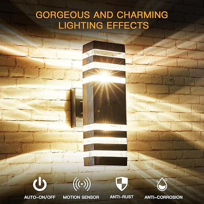 Delicavy Motion Sensor Outdoor Wall Light Fixture Up Down Porch Lights Modern Dusk to Dawn Exterior Sconce Wall Mount Outside Coach Lantern for House Front Door Garage (Include 2 Free Dimmable Bulbs)