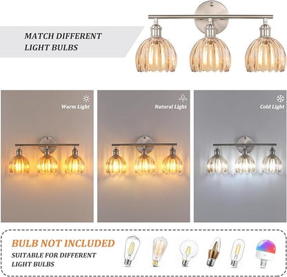 Shenmoyl Bathroom Light Fixtures, 3-Light Vanity Wall Light Over Mirror with Amber Tulip Glass Shade for Bedroom Living Room (Bulb Not Included), Satin Nickel