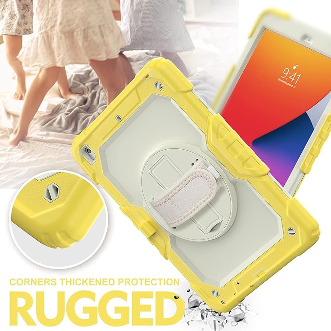BLOSOMEET Kids Case for iPad 10.2 9th/8th Generation 2021 2020 with Tempered Glass Screen Protector Pen Holder,Cute Girls Boys iPad 7th Gen Cover Rugged w/Stand Hand Shoulder Strap Yellow