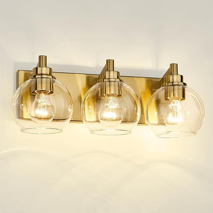 METWET Bathroom Light Fixtures, 3-Light Brushed Gold Vanity Light, Modern Wall Sconces with Clear Glass Globe Shade, Bathroom Wall Lights for Mirror Kitchen Bedroom Hallway Living Room, VL195-GD-3