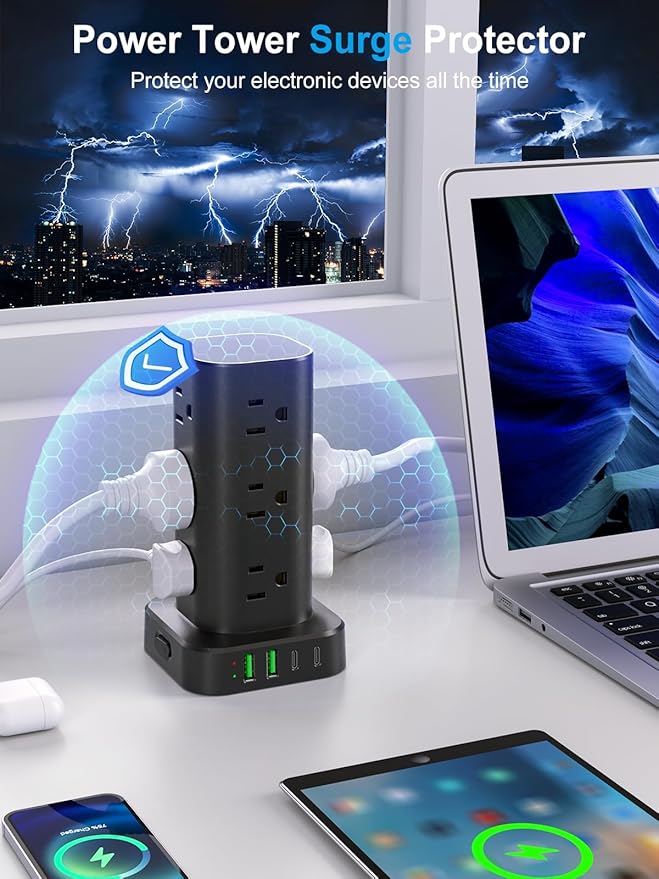 Power Strip Tower with Wireless Charger, Flat Plug Surge Protector Tower with 15FT Extension Cord, 12 AC Multiple Outlets, 4 USB (2 USB C),15W Wireless Charging Power Tower for Home Office Dorm, Black