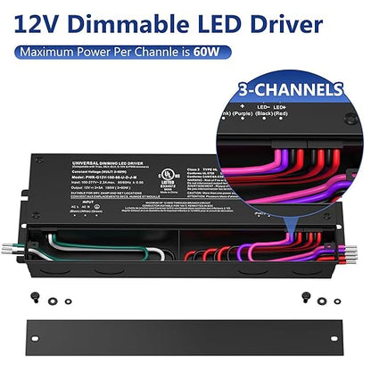 GOOVER 180W Dimmable LED Driver,12V 5-in-1 Dimmable Power Supply,3-Channels AC to DC Transformer for LED Light, Compatible with Most Dimmer, Waterproof IP67 and UL Listed, Class 2