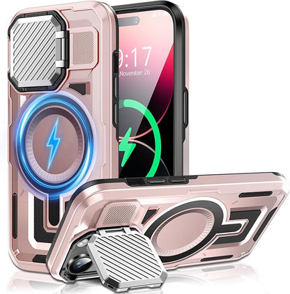 Camera Stand Case for iPhone 14 Pro, [Compatible with Mag Safe] [Lens Cover] 2024 Version Military Grade Protective Soft Case for iPhone 14 Pro 6.1 inch Men Women, Pink