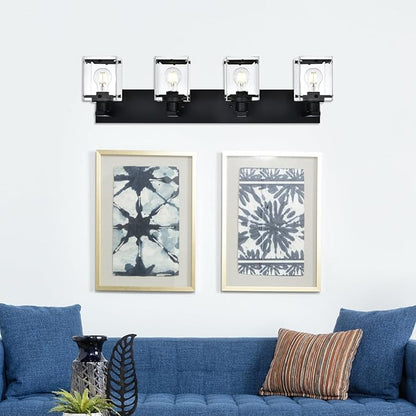 WINSHEN 4-Light Bathroom Vanity Light Fixture, Modern Black Wall Lighting Over Mirror with Rectangular Clear Glass, E26 Bulb Base
