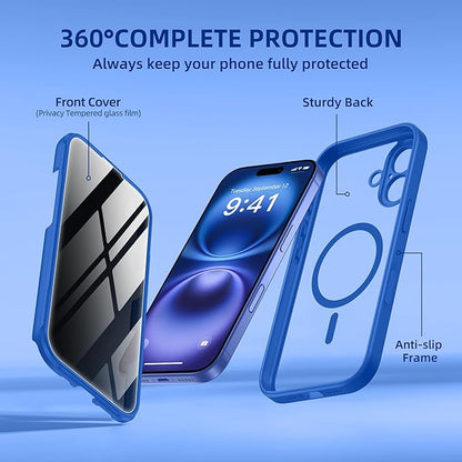 BERFY Magnetic for iPhone 16 Plus Case, Compatible with MagSafe, Built-in Privacy Screen Protector and Upgraded Camera Protection, Anti-Spy Full Body Shockproof Phone Case for 16 Plus 6.7", Klein Blue