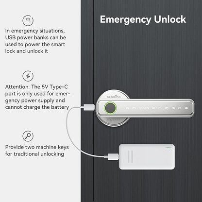 GEKRONE Fingerprint Smart Lever Lock TUYA APP Control Keyless Entry Bluetooth Touchscreen Indoor Handle Biometric Electronic Digital Door Knob with Keypad Suitable for Hotel Office Apartment Bedroom