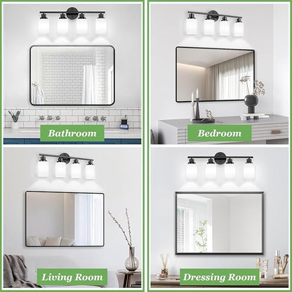 Guliaofo 4-Light Bathroom Light Fixtures, Black Vanity Lights for Mirror with Textured Milky White Glass Shade, Modern Kitchen Light Fixtures Wall Sconce Light - E26 Base
