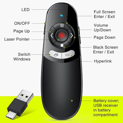 2 in 1 USB Type C Presentation Clicker with Red Light Pointer, Wireless Presenter for PowerPoint Presentation PPT Clicker, 2.4GHz Presenter Remote Slide Advancer for MacBook/Computer/Laptop