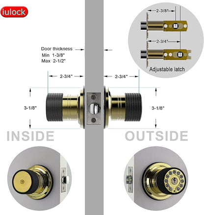 iulock Smart Door Knob with Keypad and Key,Keyless Entry Door Lock with Rubber Grip, Auto Lock,50 User Code,Waterproof, Easy to Install and Program for Bedroom Garage Office Gate (Golden)