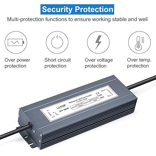 LLTOP LED Power Supply 24V 12.5A 300W LED Driver AC90-130V to 24VDC Converter Low Voltage Transformer Waterproof for Indoor Outdoor LED Lighting