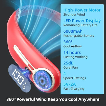 Portable Neck Fan,Hands Free Personal Wearable Bladeless Fan,6000mAh USB Rechargeable,360° Cooling,LED Display,4-Speeds,Birthday Gifts for Men Women Dad Mom,Valentines Day Gifts for Her Him (Red)