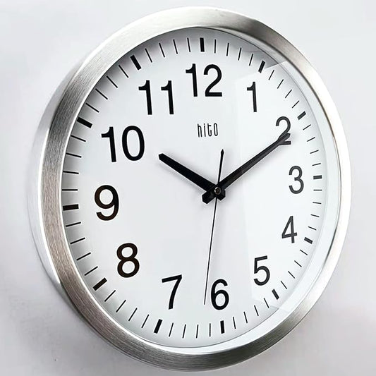 HITO 14" Silent Wall Clock Battery Operated Non Ticking Sweep Movement Glass Cover Silver Aluminum Frame, for Kitchen, Bedroom, Home Office, Living Room Decor