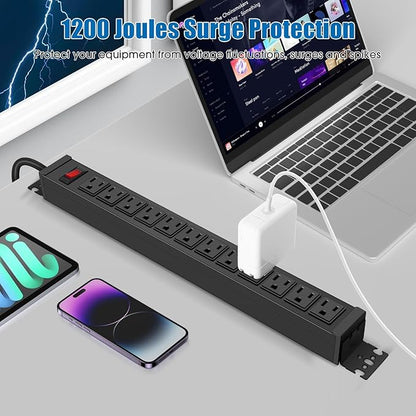 HHSOET 2 Pack Rotating Mountable Power Strip, 12 Outlet Wall Mount Surge Protector, Metal Heavy Duty and Versatile Outlet Strip, Stylish Appearance, Sturdy and Durable, 3ft Power Cord.(Black)