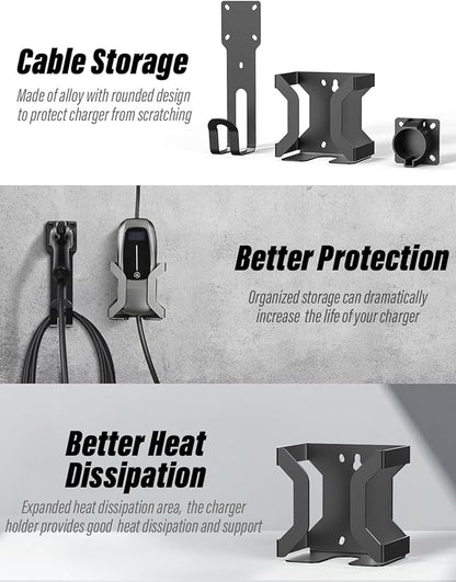 BMZX EV Charger Holder J1772, Wall Mount Kit for Electric Car Charger, SAE J1772 Cable Organizer, Nozzle Holster Dock & J-Hook for Charging Station