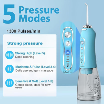 Water Dental Flosser Teeth Cleaner Pick, H2ofloss Cordless Portable Oral Irrigator,5 Mode IPX7 Waterproof Teeth Picks 300ML Rechargeable WaterFlosser for Teeth Cleaning Sky Blue