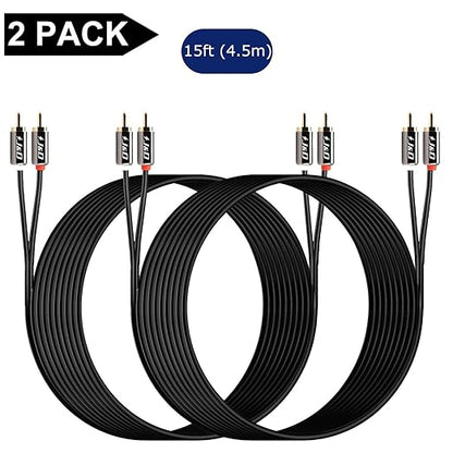 J&D RCA Cable, (2 Pack) Gold-Plated RCA Audio Cables, 2RCA Male to 2RCA Male Stereo Audio Cable for Speaker, HiFi Systems, Home Theater, Amplifiers,TV, 15 Feet