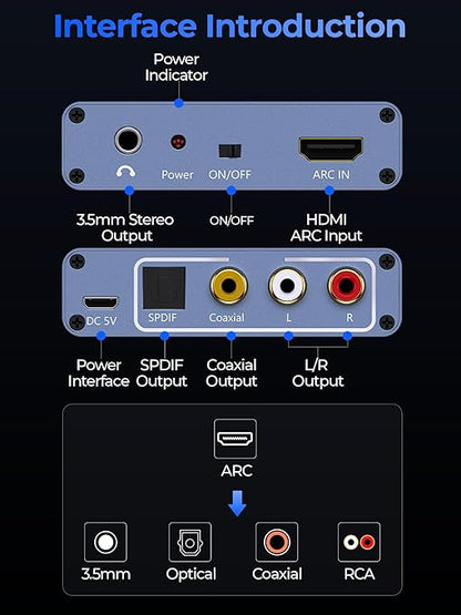 192KHz HDMI ARC Audio Extractor with Optical Cable ARC Converter HDMI ARC to Optical TOSLINK SPDIF Coaxial, RCA+3.5mm Jack L/R Stereo, Audio Splitter for HDTV to Soundbar Amplifier Speakers headphones