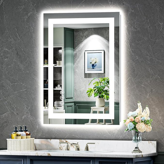 YEELAIT 24x32 Inch LED Bathroom Mirror with Lights Front and Backlit Lighted Vanity Mirror for Bathroom Wall with 3 Colors Dimmable Anti-Fog Memory Shatter-Proof IP54 Waterproof Horizontal/Vertical