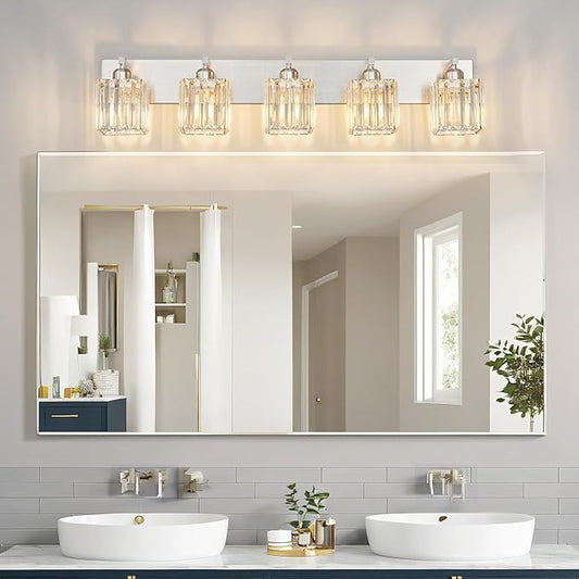 FDPBY Modern Vanity Light 5-Lights Brushed Nickel Vanity Light Crystal Bathroom Wall Light Bathroom Light Fixtures