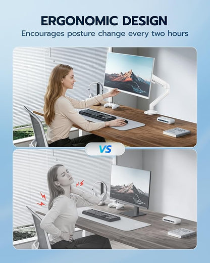 ARES WING Heavy Duty Single Monitor Arm - Fully Adjustable Monitor Mount for 17"-40" Ultrawide Screens Up to 26.4 lbs with Clamp/Grommet Desk Mount, 75/100 Vesa Mount, White
