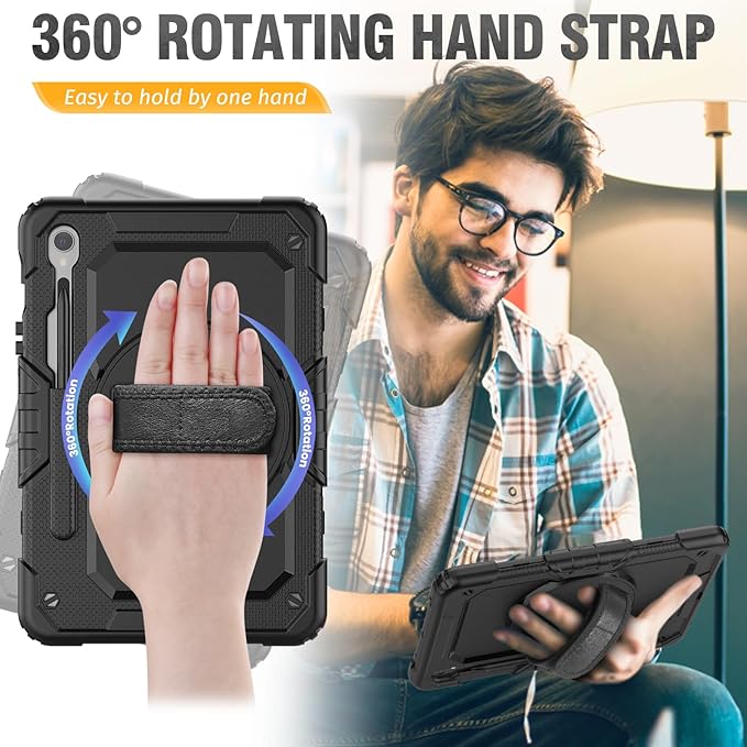 HXCASEAC Case for Galaxy Tab S10 FE / S9 FE 5G 10.9 inch, Shockproof Design with Screen Protector, 360° Hand Strap Stand, S Pen Holder, Heavy Duty Protective Samsung S9 FE / S10 FE Tablet Case, Black
