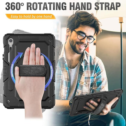 HXCASEAC Case for Galaxy Tab S10 FE / S9 FE 5G 10.9 inch, Shockproof Design with Screen Protector, 360° Hand Strap Stand, S Pen Holder, Heavy Duty Protective Samsung S9 FE / S10 FE Tablet Case, Black