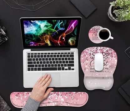 Ergonomic Mouse Pad Wrist Support and Keyboard Wrist Rest Set with Coasters, Non-Slip PU Base, Easy Typing & Pain Relief for Computer Laptop Home Office, Bible Verse Phil 4-13