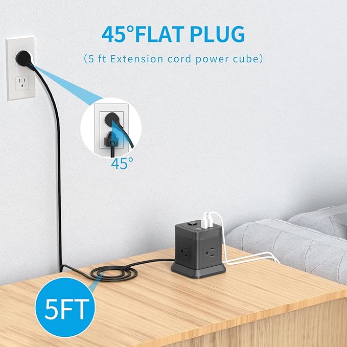 Power Strip with USB C, FDTEK Flat Plug Extension Cord with 4 Outlets and 3 USB Ports 10 FT Desk Power Strip Cube Overload Protection Compact Portable for Travel Home Office Cruise Ship - Black