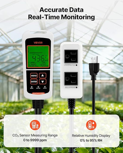 VEVOR Carbon Dioxide Monitoring Controller, Dual Outlets CO2 Monitor & Controller, Carbon Dioxide Sensor Day and Night Detection Feature, NDIR CO2 Sensor for Greenhouse, Laboratories, Classrooms, Home