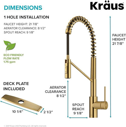 KRAUS Oletto Commercial Style Single Handle Pull Down Kitchen Faucet with QuickDock Top Mount Installation Assembly in Brushed Brass, KPF-2631BB