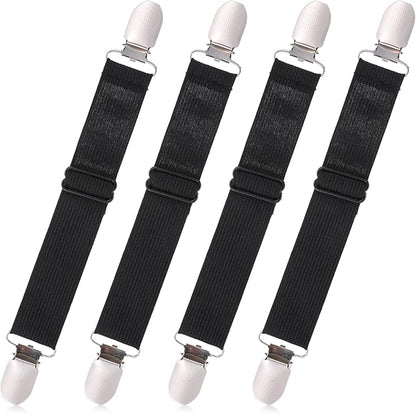 Xyembu 4Pcs Ironing Board Cover Clips Adjustable Ironing Board Pad Braces Fasteners Mini Suspenders Elastic Straps Clips for Secure and Tight Fit Corners Couch Covers Stays Bands(Black)