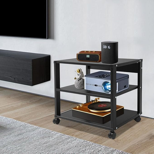 3-Tier AV Media Stand Rack, Black Rolling Stereo Audio Rack Stand with Wheels, Mobile & Space-Saving Design, Perfect for Speakers, DVD Players, Amplifiers (19.7 * 15.7 * 19.1in)