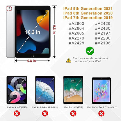 BLOSOMEET Case for iPad 9th/8th/7th Generation 2021/2020/2019 10.2 Inch with Tempered Glass Screen Protector & Pencil Holder,Protective Kids iPad 10.2 Case Cover w/Stand Hand Shoulder Strap,Black