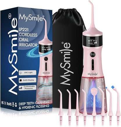 MySmile LP221 Cordless Water Flossers for Teeth with UVC Light Sanitizer and OLED Display, 335ML 4 Modes Water Teeth Cleaner Picks for Teeth Cleaning and Water Flossing (Juicy Pink)