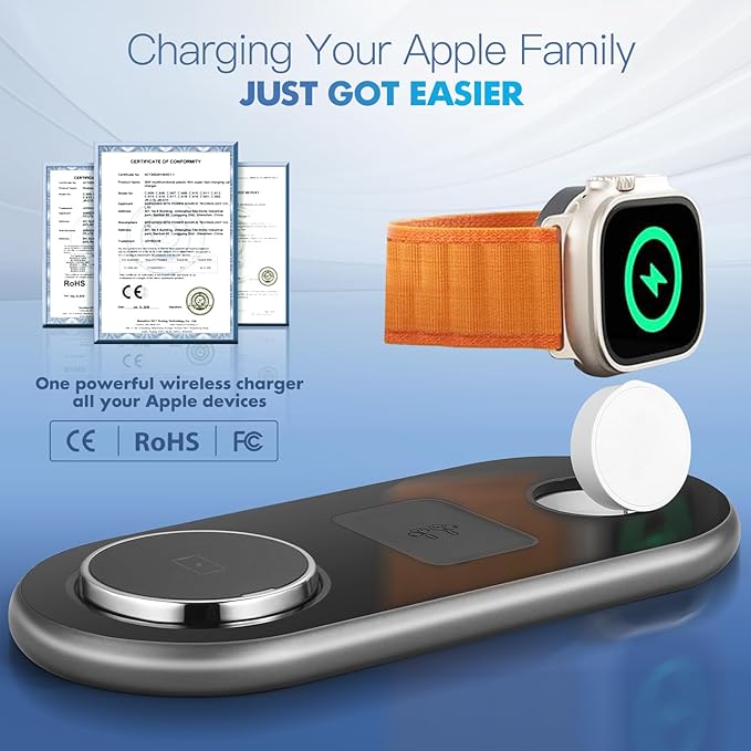Wireless Charger iPhone Apple Qi2 Magsafe Charger 3 in 1 Charging Station Apple Magsafe Charger Stand for iPhone 16 15 14 13 12 Plus Pro Max, Apple Watch 1-9 Ultra, Airpods 2-3 Series