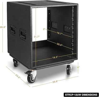 Sound Town 12U PA/DJ Rack/Road Case with 12-Space, Industry-Grade 0.7" (18mm) Plywood with Polyurea Coating, Rain Cover, Casters, 21.7" Rackable Depth - Pro Tour Grade (STRCP-12UW)