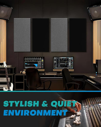 4Pack Fiberglass Acoustic Panels, Self Adhesive Sound Proof Foam Panels for Walls, Sound Dampening Panels for Studios, Office, Home Soundproofing Absorbing Noise Reducing, 23.6x11.8x2.5" Black Grey