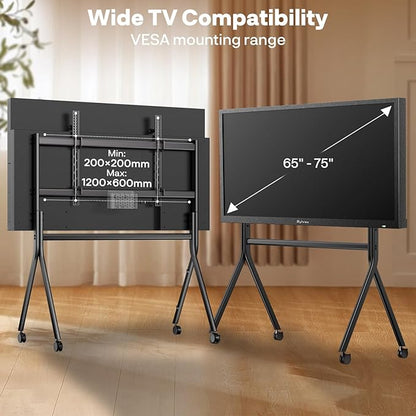 Sylvox TV Floor Stand for 65-75 Inch TVs, Heavy Duty Rolling TV Stand Max Load 132LBS/60kg, Mobile TV Cart with Lockable Wheels, Universal Flat/Curved Screen Mount, VESA 200x200 to 1200x600mm